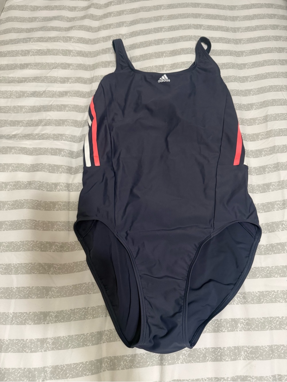 adidas Gray One-Piece Swimsuit with Pink, Blue and White Side Stripes